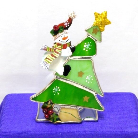 Stained Glass Snowman Climbing Christmas Tree Votive Holder Silver Plate Vintage - Picture 1 of 10
